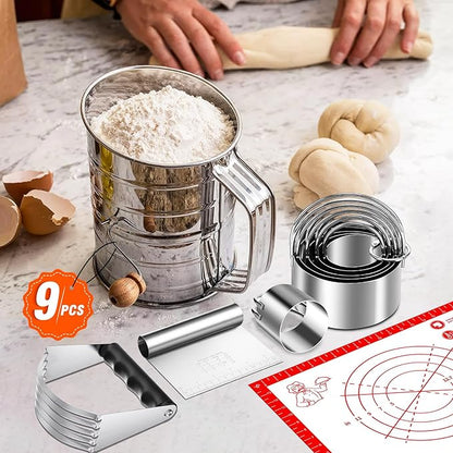 9PCS Stainless Steel Pastry Blender Set, 3 Cup Flour Sifter, Biscuit Cutter