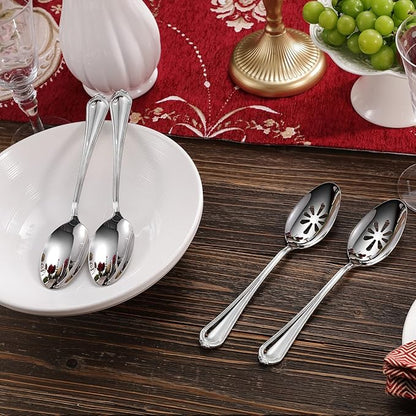 KEAWELL Pearl Edge 4-Piece Premium Spoon Set, 18/10 Stainless Steel, Fine Silverware Spoons with Refined Bead Design, Brightly Polished, Dishwasher Safe (Silver, 9" Serving Spoons)