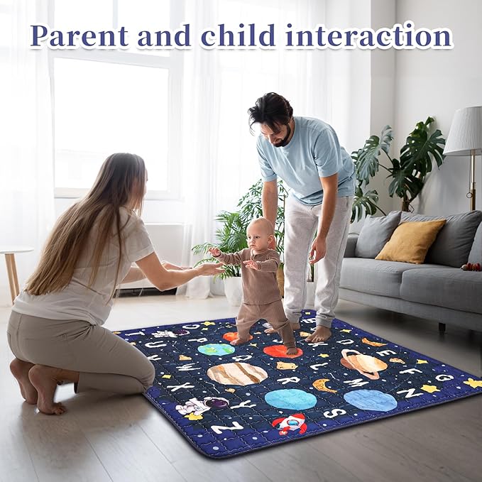 Baby Play Mat for Floor, GFU Non-Slip 50x50 Playpen Mat, Thick One-Piece Crawling Mat Blue, Infants Playmat Foldable and Machine Washable for Boys