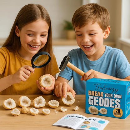 Break Your Own Geodes Kit for Kids – 20 Natural Geodes (1.0–1.5”) with Magnifying Glass & Learning Guide – STEM Science Rock Kit for Kids Ages 6–12 – Educational Gift for Classrooms & Parties