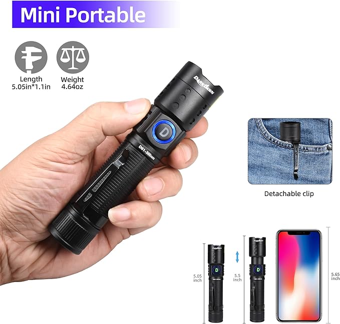 DARKDAWN UV Flashlight 365nm Light Mini USB Rechargeable Ultraviolet LED Blacklight Woods Lamp Powerful Fluorescent Portable Detector for Pet Urine Stains, Uranium Glass, Money, Resin Curing