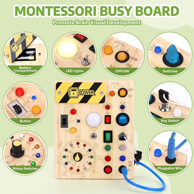 Montessori Busy Board,Montessori Toys for 1-3 Years Old,Baby Sensory Board,Preschool Learning Activities,Wooden Toys for Toddler,Christmas & Birthday Gift for Boys & Girls