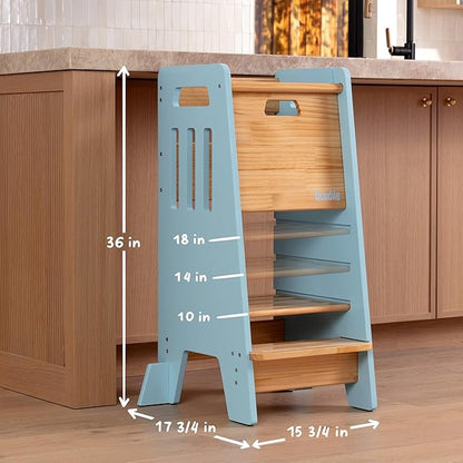 OCODILE Toddler Tower with a Sliding Door and 3 Adjustable Heights - Complete Toddler Kitchen Stool Helper with Support Feet - Safe Design for 18+ Months to 6-Year-Old Kids - Blue