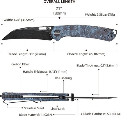 Folding Pocket Knife, 3.1" Stonewash Blade EDC Knife with Safety Liner Lock, Small Pocket Knife with Clip for Men, Sharp Camping Hiking Hunting Survival Knives