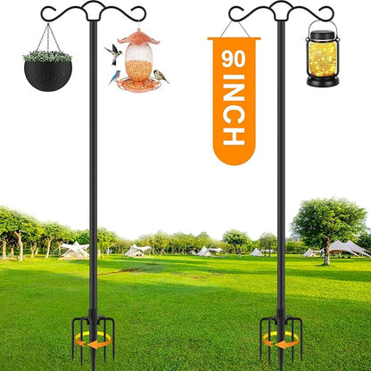 Double Shepherds Hook for Outdoor with 5 Prong Base 90 Inch Heavy Duty Two Sided Bird Feeder Pole for Hanging Lantern,Hummingbird Feeder,Lightweight Plant,Shepherds Hook for Bird Feeders