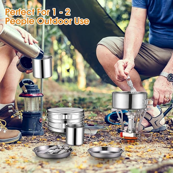15 Pcs Camp Cooking Set Stainless Steel Camping Cookware Mess Kit with Pot Pan and Stove 2 Set Stainless Steel Cups Plates Forks Knives Spoons for Camping Backpacking Outdoor Cooking Picnic