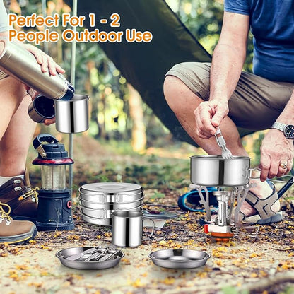 15 Pcs Camp Cooking Set Stainless Steel Camping Cookware Mess Kit with Pot Pan and Stove 2 Set Stainless Steel Cups Plates Forks Knives Spoons for Camping Backpacking Outdoor Cooking Picnic