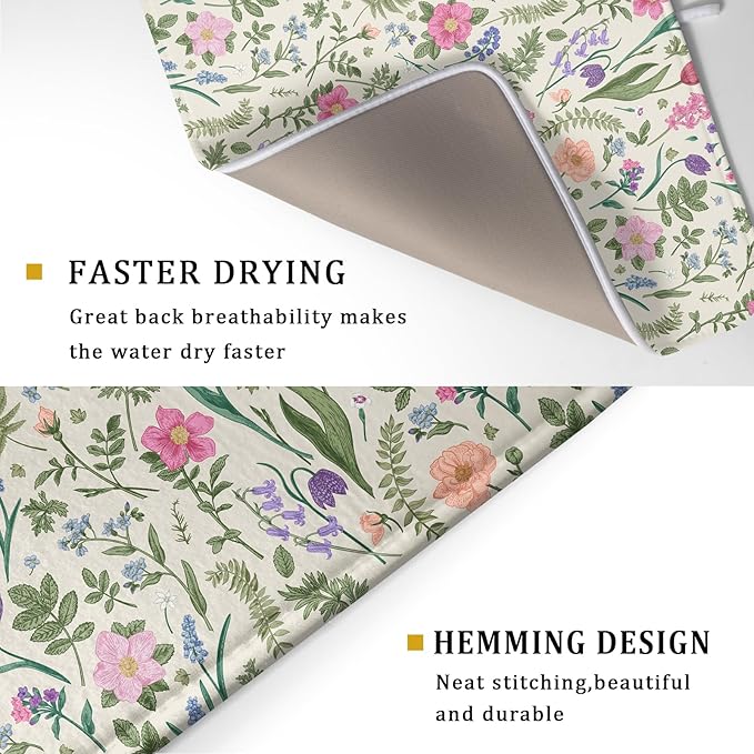 Spring Floral Dish Drying Mat for Kitchen Counter 18x24 Pink Sage Green Flower