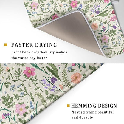 Spring Floral Dish Drying Mat for Kitchen Counter 18x24 Pink Sage Green Flower
