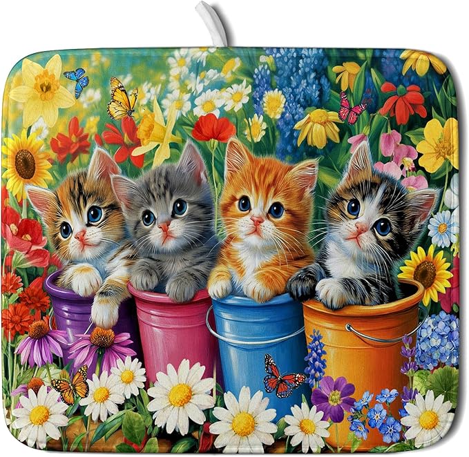 Funny Absorbent Dish Drying Mat Spring Cat Dish Drying Mats