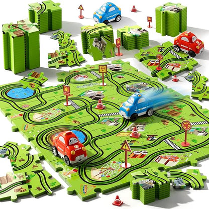 48PCS Puzzle Race Track Car Set for Toddlers Kids Boys, Toddler Toys Gifts for 3 4 5 Year Old Boys and Girls, Floor Puzzle Tracks Car Toys for Ages 3-5 4-6