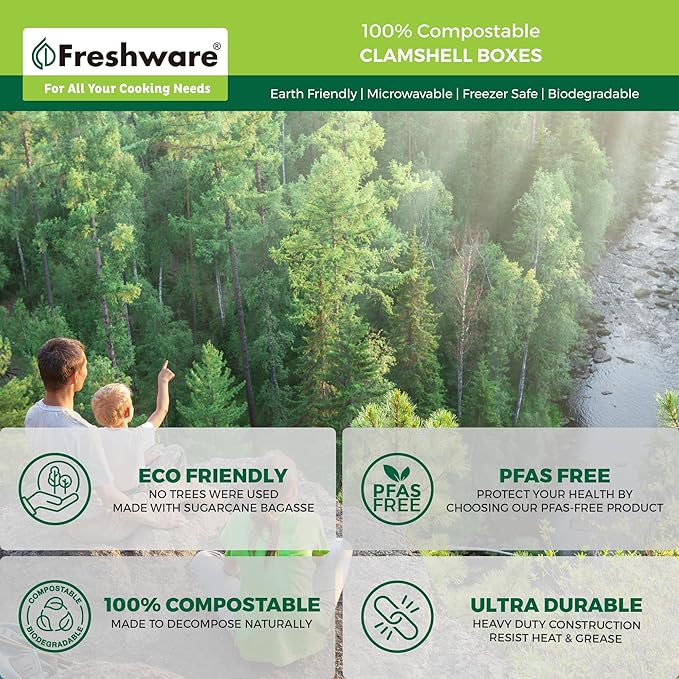 Freshware Compostable Clamshell Food Containers 3-Compartment 50-Pack,