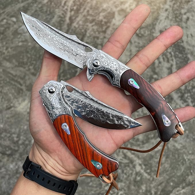 Handmade knife Japanese VG10 Damascus Steel Folding Knife,Rosewood Liner Lock Handle,EDC Pocket Knives for Men Outdoors Camping Fishing