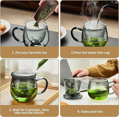 Glass Tea Cup with Infuser and Lid, 17.6oz/520ml Large Borosilicate Teacup