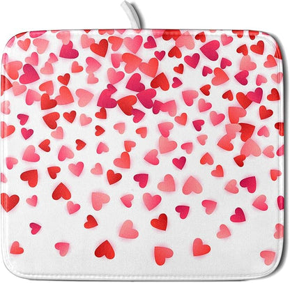 Valentines Dish Drying Mat for Kitchen Counter Hearts Holiday Microfiber