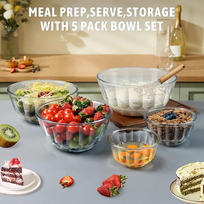 Freshmage Mixing Bowls with Airtight Lids Sets, 5 Packs Thick Glass Nesting