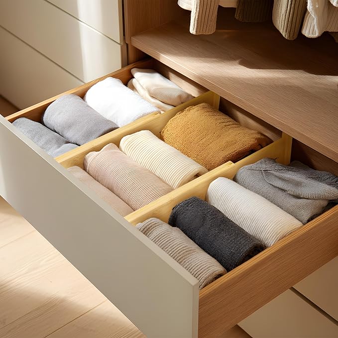 VaeFae 3 Pack Bamboo Drawer Dividers, Expandable Separators