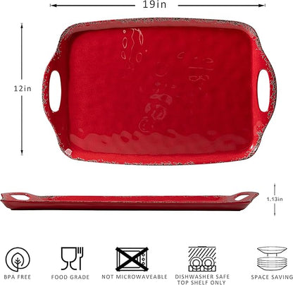 Christmas Large Melamine Serving Tray with Handle, Crackled Rustic Rectangle Melamine Serving Platter for Serving Food, Coffee Table Tray, Entertaining & Party Use, Set of 2, Christmas Red