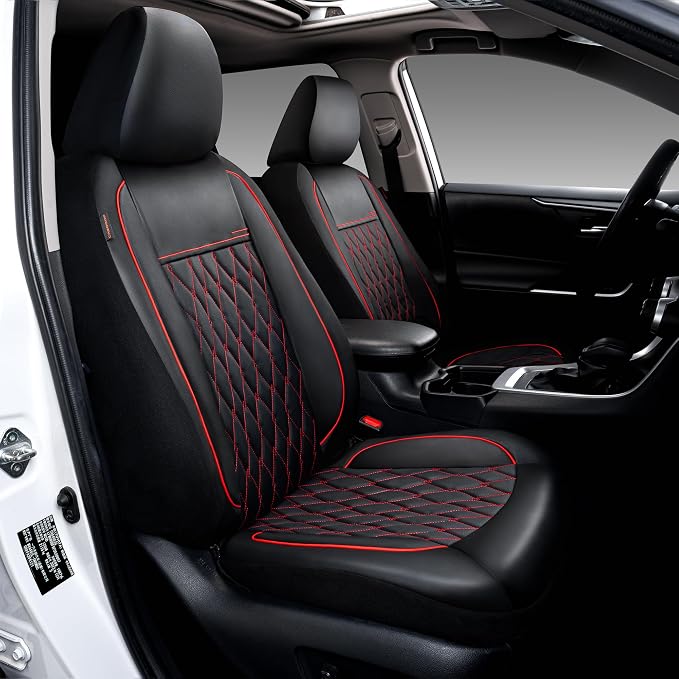 CAROMOP Faux Leather Car Seat Covers Full Set,Luxury and Comfortable Covers for Cars,Split Bench Compatible Car Interior Covers,Universal Fit for Suvs,Vans,Trucks,Airbag Compatible(5-Seat Black/Red)
