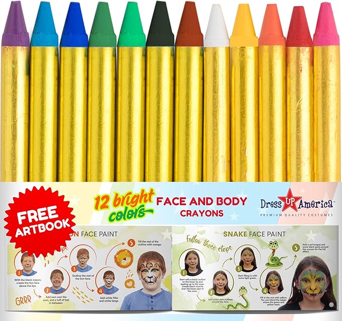 Dress Up America Face Paint Crayons - Non-Toxic Face Painting Kit for Kids and Adults - 12 Face and Body Paint with Artbook & Easy To Follow Designs - Face Painting Kit Made in Taiwan