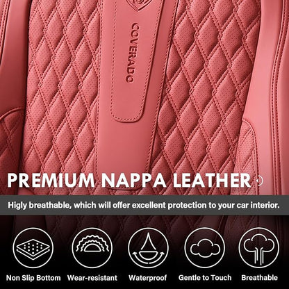 Coverado Full Set Car Seat Covers, Nappa Leather Seat Covers, Waterproof Car Seat Protector with Lumbar Support, Automotive Seat Covers Universal Fit for Most Cars SUV Trucks (FullSet, Red-Blackline)