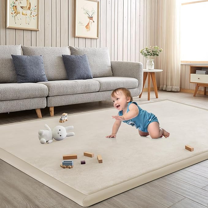Baby Play Mat for Floor Tummy Time Mat Nursery Muscle Area Rug Playroom Rug Tatami 47"*47" Memory Foam 1.3" Thick Crawling For Babies,Toddlers, Infants, Kids,Floor(Beige)