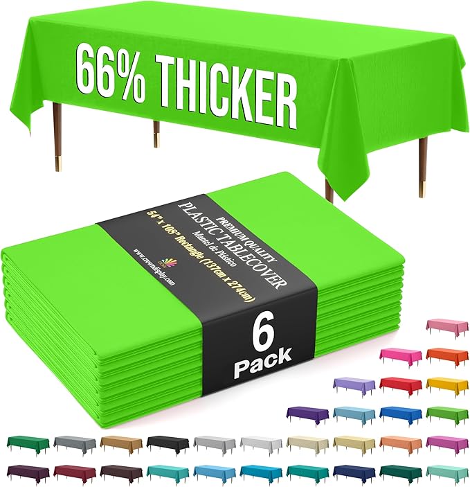 Exquisite 66% Thicker Premium Plastic Table Cloth Rectangle Table Cover 0.5 Mil 6 Pack Lime Green Table Cloth 54 Inch x 108 Inch Disposable Tablecloth Won't Tear Easily Like Cheap Thin Brands