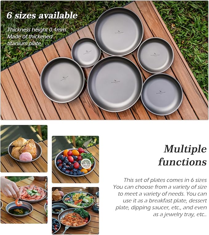 Boundless Voyage Titanium Camping Plate Dishes Saucer Lightweight Round Dinnerware Set Stackable Serving Plates Pasta Plates Travel Outdoor Home Kitchen Tableware Set Ti1141T