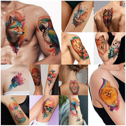 77 Sheets Temporary Tattoo, 17 Sheets Half Arm Flower Lion Tiger Cat Owl Parrot Fake Tattoos for Adults Shoulder Neck, 60 Sheets Tiny Waterproof Temporary Tattoos Realistic for Women Girls and Kids