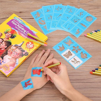 Face Paint Crayons for Kids, 36 Makeup Sticks & 36 Stencils, Professtional Face Painting kit for Halloween or Birthday Party, 6 Fluorescent, 6 Metallic & 24 Classic Colors, Safe for Sensitive Skin
