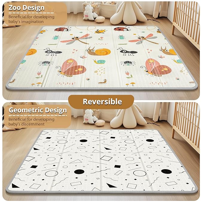 Foldable Baby Play Mat, PIGLOG 0.6in Thick Waterproof Playmats for Babies and Toddlers Kids, Safe Foam Playmat for Tummy Time, 50x50 Playpen Mat, Reversible Portable Floor Mat for Infant, Dragonfly