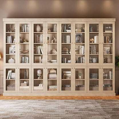 70.8" Tall Brown Bookshelf with Glass Doors, Farmhouse Modular Bookcase with 6-Tier Adjustable Shelves, Large Storage Cabinet for Home Office, Living Room, Set of 2