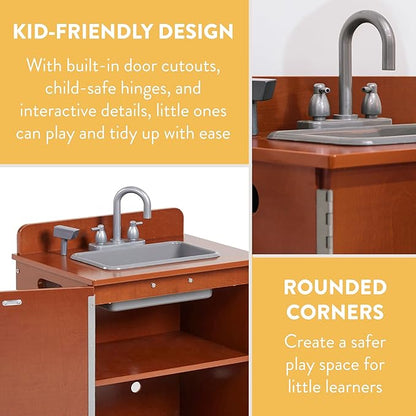 Chef's Station Kids Wooden Pretend Kitchen Sink, Play Kitchen, Dark Walnut