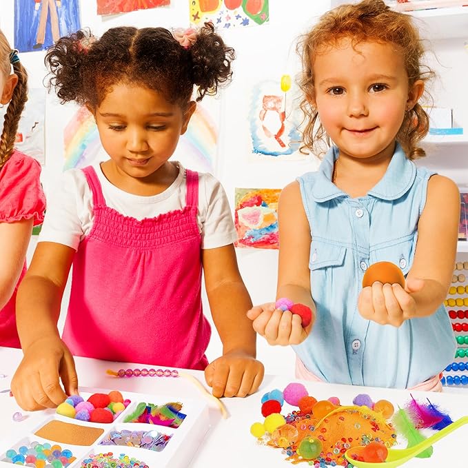 Sensory Kit for Toddlers and Kids - Includes 6 Bins with Lids, Play Tools, Sand, Feathers, Clay, Color Beads and Pom Poms Kids Box Fillers (4 Pack)