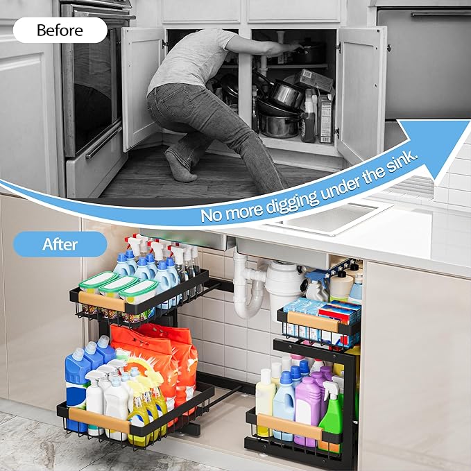 ADBIU Under Sink Organizer XL Size, 2 Packs 2 Tier Expandable Height Under-Sink