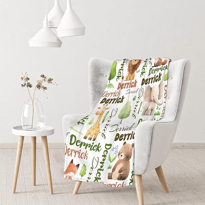 Personalized Baby Blanket for Girls Boys Kids Elephant Lion Bear Custom Baby Blanket with Name Throw Birthday Gift for Toddlers Infants Shower Newborns Nursery Stroller Crib Bed Decor