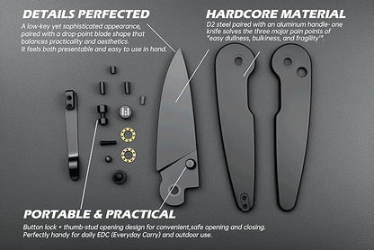 Hightron Birdidi Folding Pocket Knife, 2.91" D2 Blade Aluminum Handle with Deep-Carry Clip, Sharp EDC Tactical Knives for Men Women Lightweight Cutter for Camping Hiking Black-B