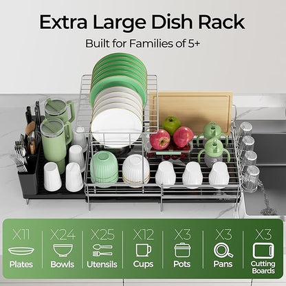 Large 2 Tier Dish Drying Rack, Extendable Dish Rack, Stainless Steel Anti-Rust