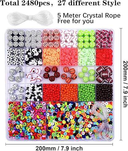 2480pcs Sports Ball Polymer Clay Beads Charms for Friendship Bracelets Making Kit Cute Fun Beads DIY Arts Crafts Birthday Gifts for Kids Girls Baseball Basketball Soccer Rugby Volleyball Football Bead