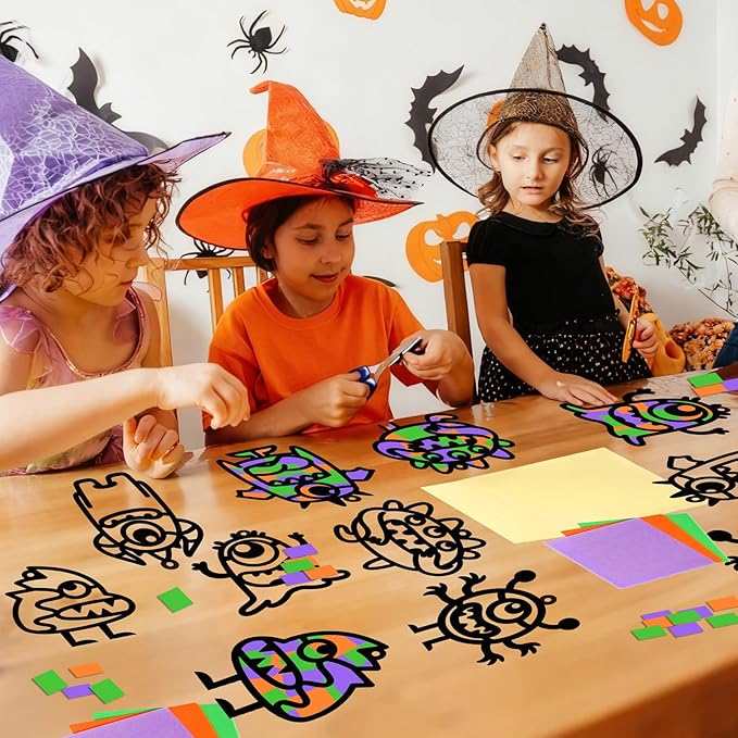 Qyeahkj 36 Set Halloween Monster Suncatchers Crafts for Kids DIY Monster Window Tissue Paper Craft Kit Hanging Decor for School Classroom Activity Art Project Holiday Home Birthday Party Favor Gift