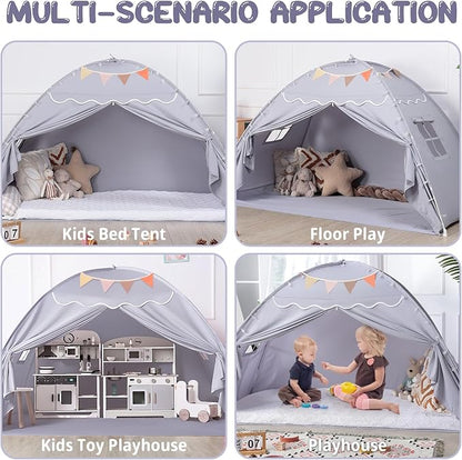Sumbababy Toddler Bed Tent Canopy: Lights & Flags Indoor Floor Bed Kids Tent Playhouse - Foldable Twin Bunk Bed Curtains - Girls & Boys Bedroom Privacy Space Sleeping Tents Gifts (Large Gray)