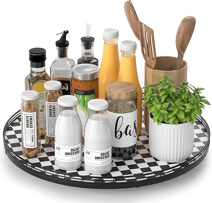 16" Black and White Kitchen Lazy Susan Turntable, Round Checkered Decorative
