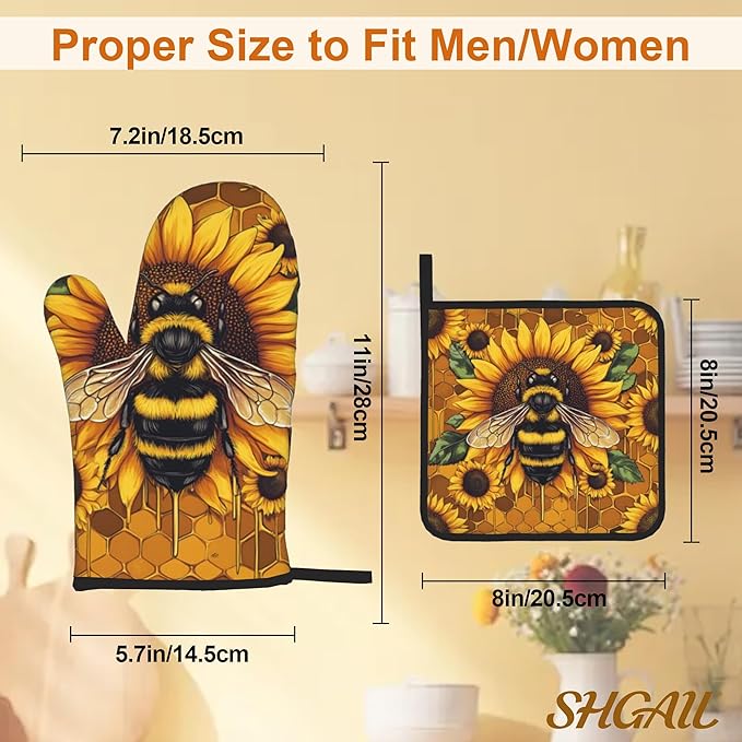 Sunflower Bee Oven Mitts and Heat Resistant Pads
