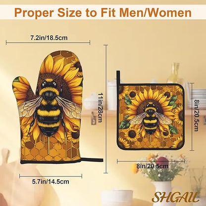 Sunflower Bee Oven Mitts and Heat Resistant Pads