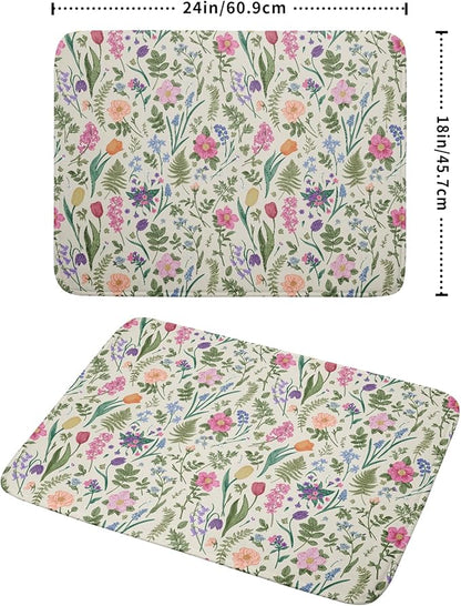Spring Floral Dish Drying Mat for Kitchen Counter 18x24 Pink Sage Green Flower
