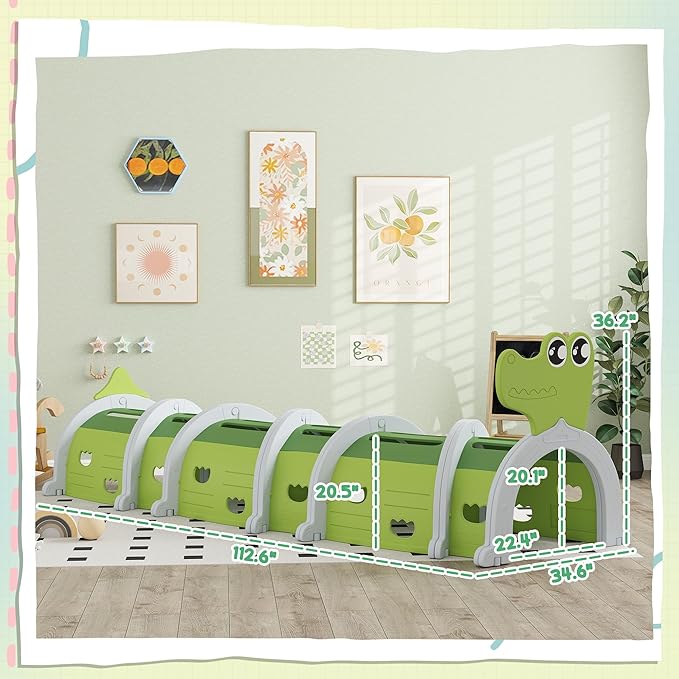 Qaba Crocodile Tunnel, Toddler Tunnel for Kids Crawl and Climb Through, Kids' Play Structure Indoor Outdoor, 6 Sections, Green