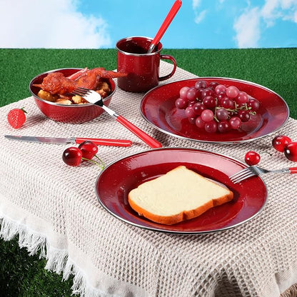 Nuogo 48-Piece Enamel Camping Dinnerware Set | Service for 8, Red
