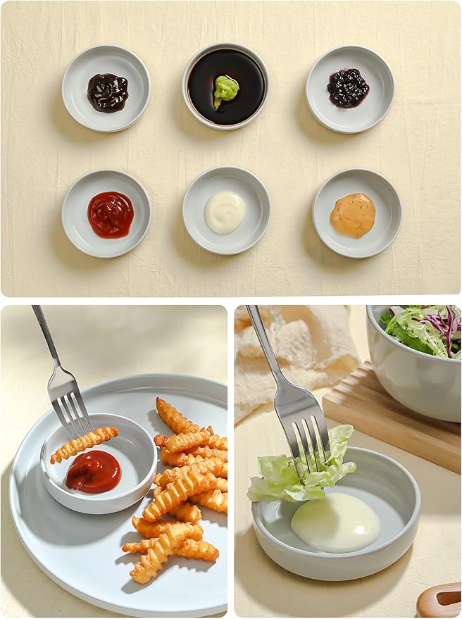 famiware Milkyway Ceramic Soy Sauce Dish, Dipping Bowls Set of 6, Dipping Sauce Bowls/Dishes, 4oz Small Serving Bowls for Side Dishes, Condiment, Sushi, Appetizer, Dessert, Light Gray