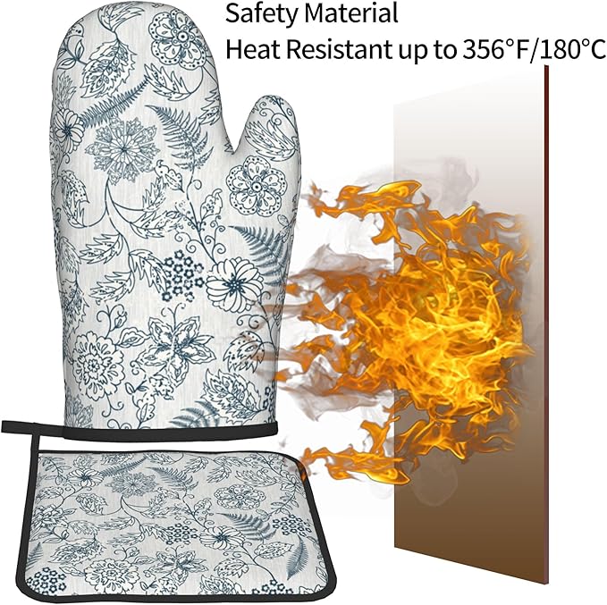 Blue Floral Oven Mitts Set – Vintage Pot Holders Kitchen Gloves
