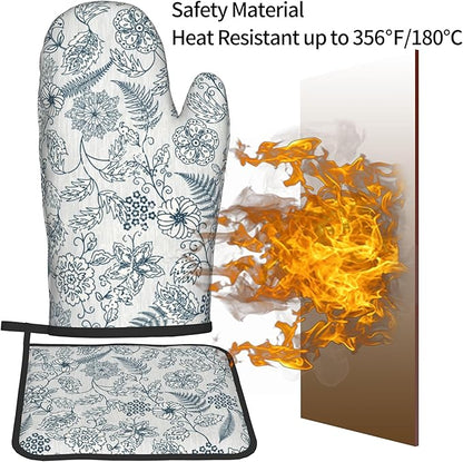 Blue Floral Oven Mitts Set – Vintage Pot Holders Kitchen Gloves